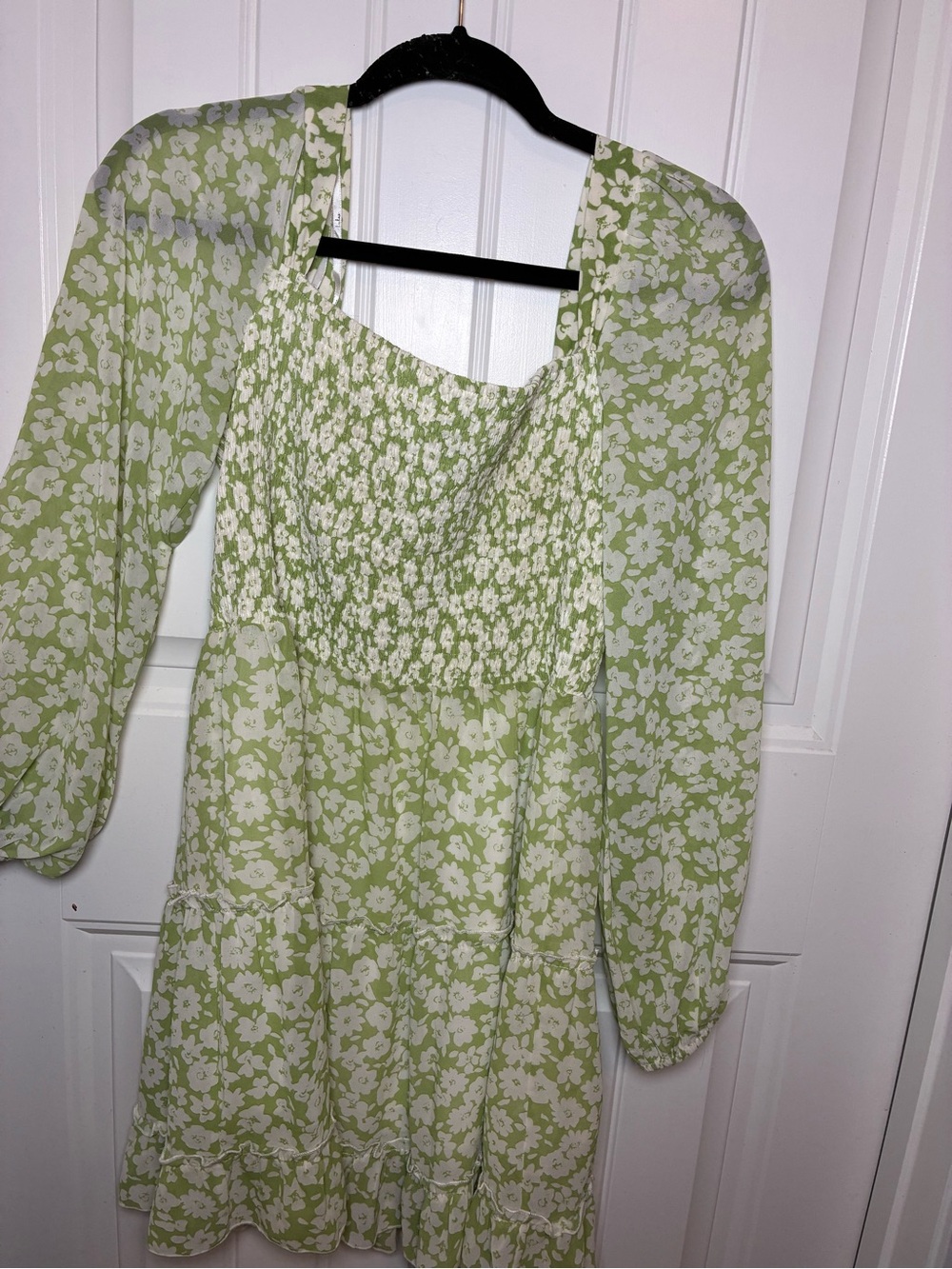 Lulu's Light Green & White Floral Smocked Midi Dress with Long Sleeves